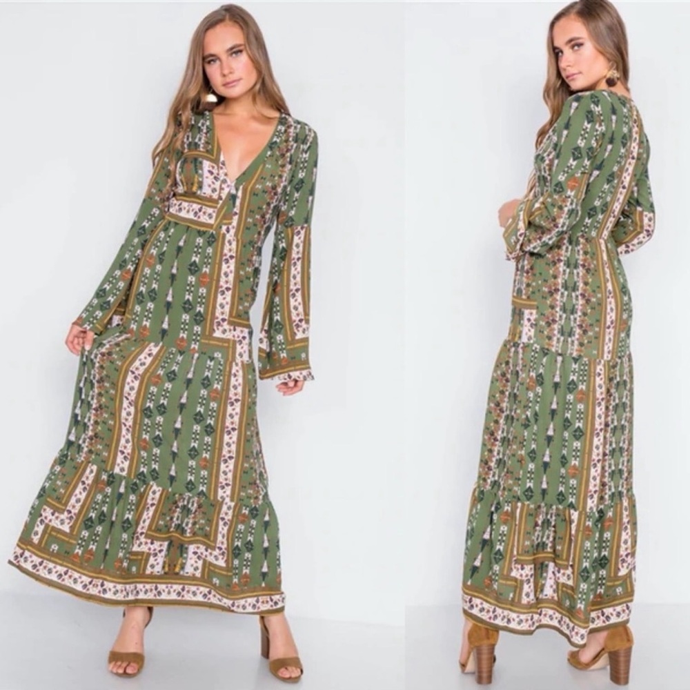 Boho Cottagecore Olive Green Patchwork Maxi Dress
